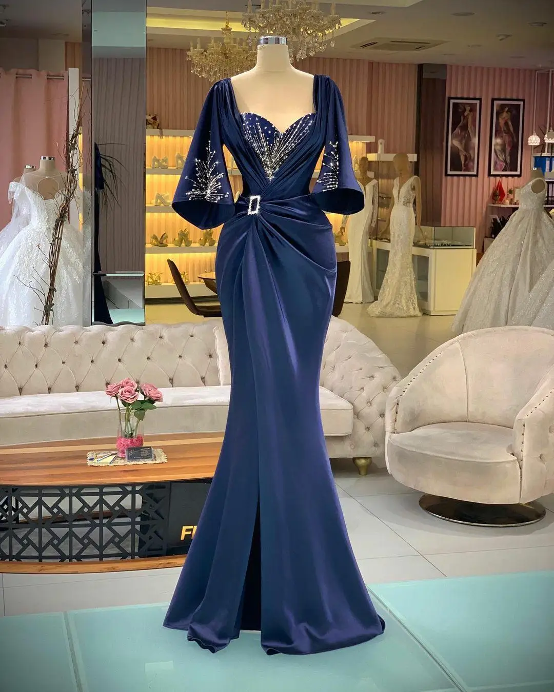 Funyue Robe De Soirée Femme Navy Blue Mermaid Formal Dress Crystal Beading Sweetheart Elegant Evening Prom with Puffy Sleeves