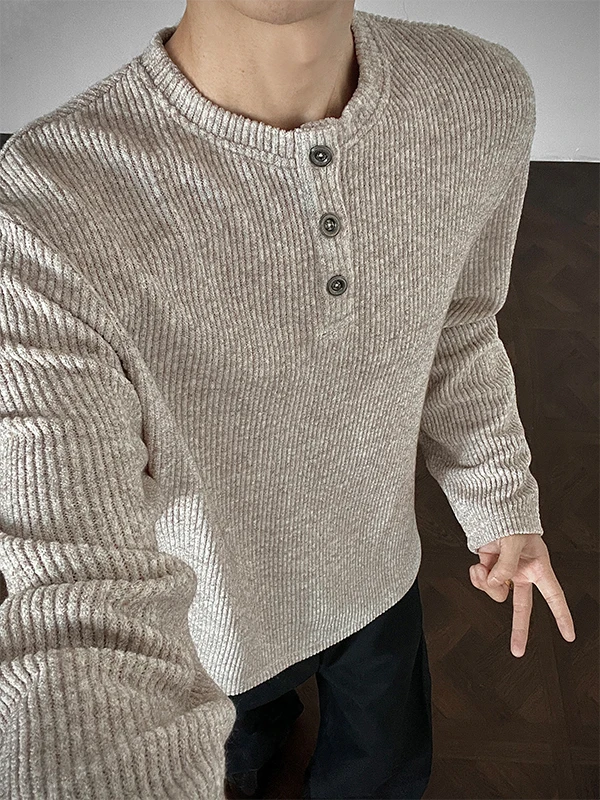 

Long Sve Knitted T-irt Men's Autumn Winter Texture Sense Henry Collar American Lazy irt Comfortable Casual Sle