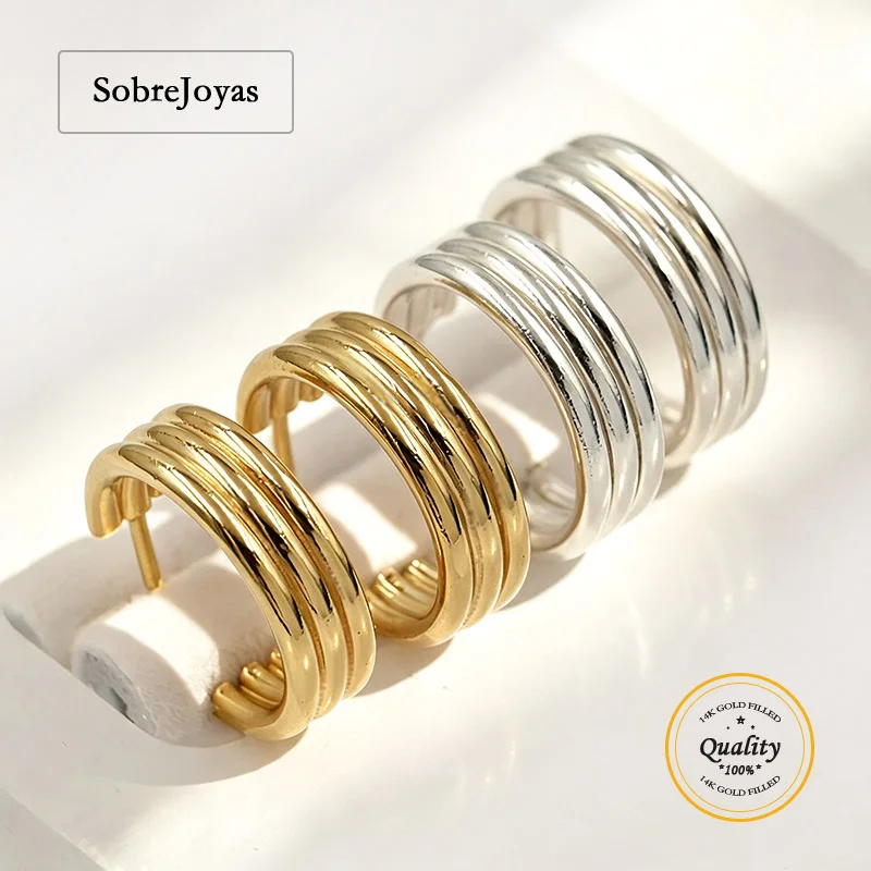 14K Gold Filled 12mm Triple Gold-Filled Post Hoop Earrings Endless Layered Hoop Post Wires Earring Hook Component for Jewelry