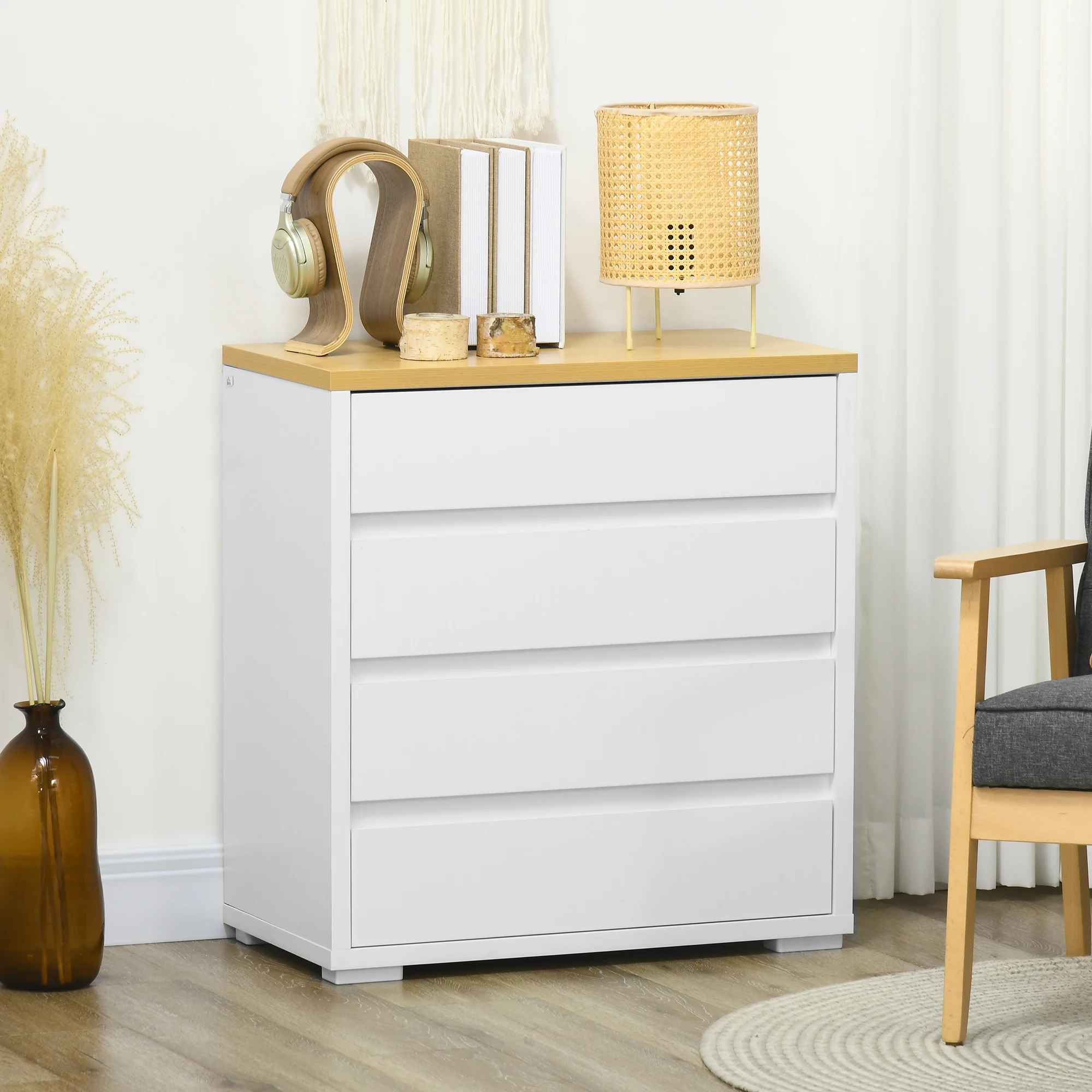 HOMCOM Cómoda Moderna con 4 Cajones para Dormitorio 70x37x75 cm Blanco y Natural