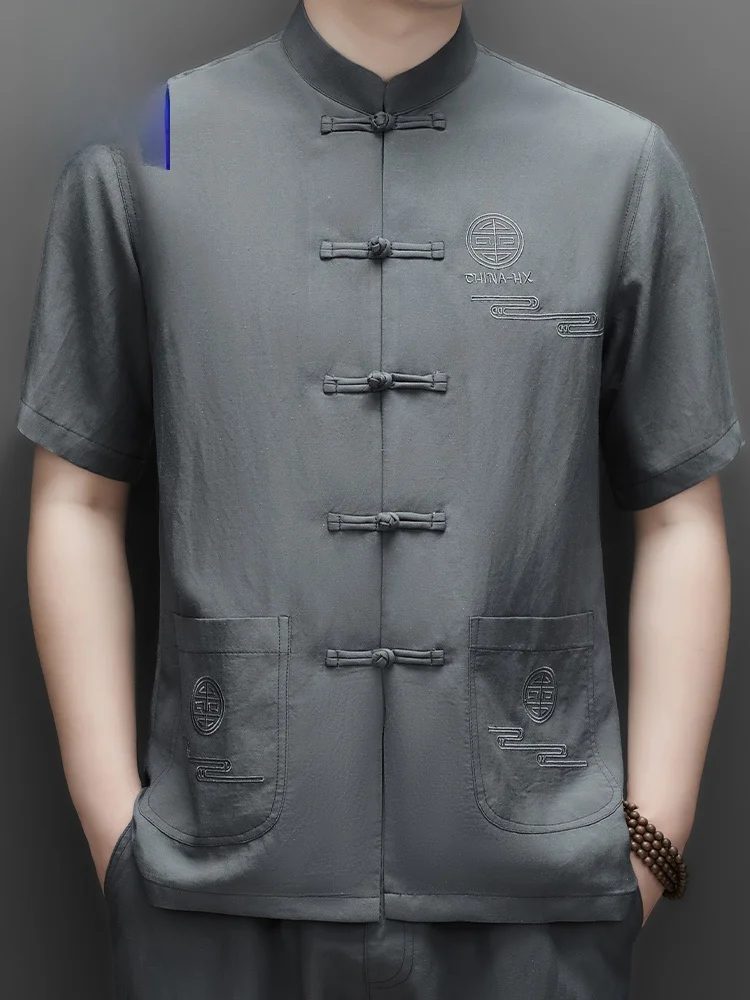 

Loton Linen ort Sve Stand Collar Men's irt Thin Sle Summer Breathable Faion Urban Loose Fit Dad Clothes