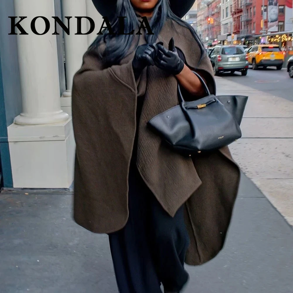 

KONDALA Chic Solid Brown Double Colour Vintage Shoulder Shawl Fashion 2024 Streetwear Outwear Casual Asymmetric Autumn Jacket