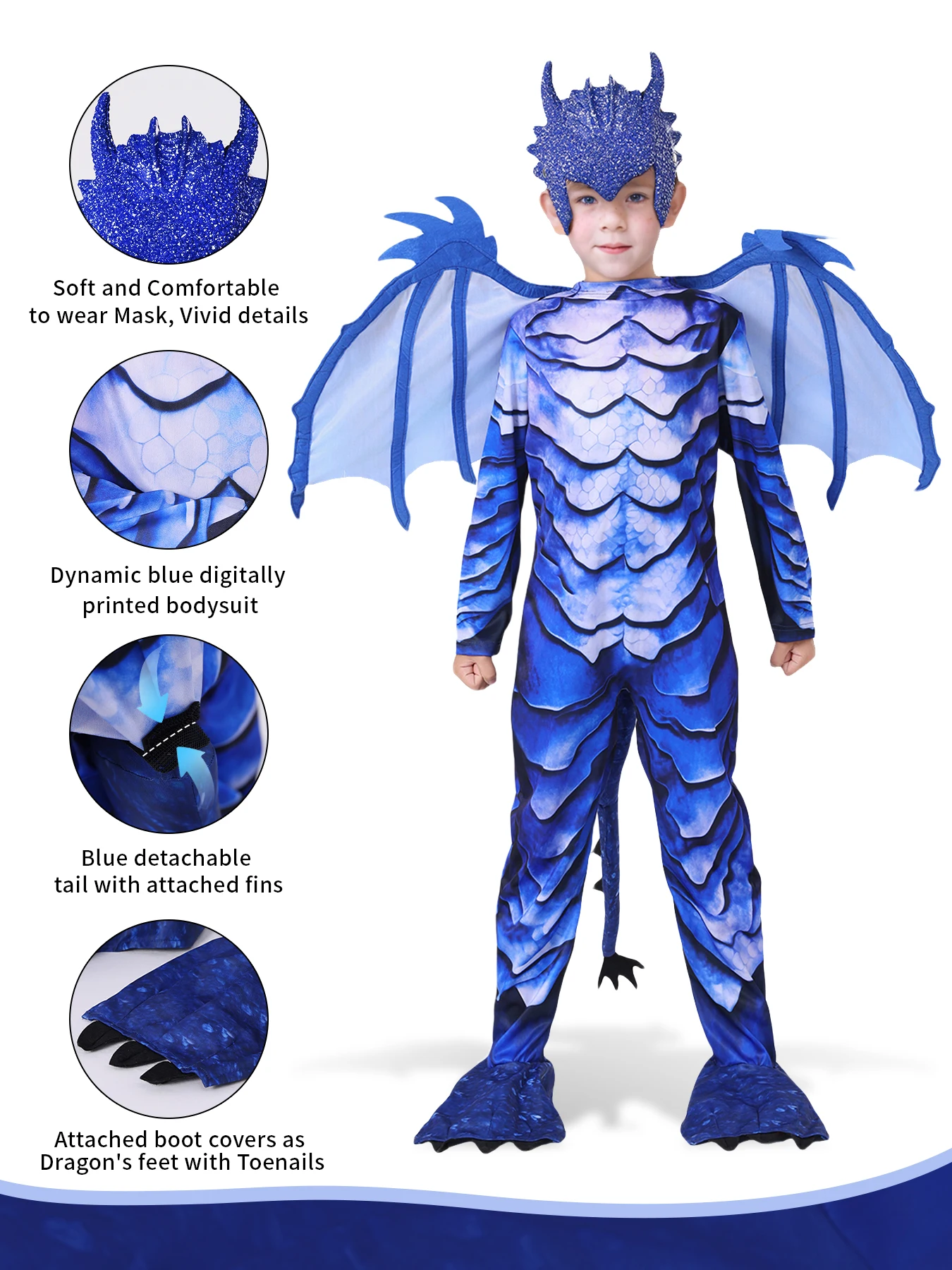 Kids Blue Dragon Jumpsuit Costume with Wings, Tail, and Mask 3