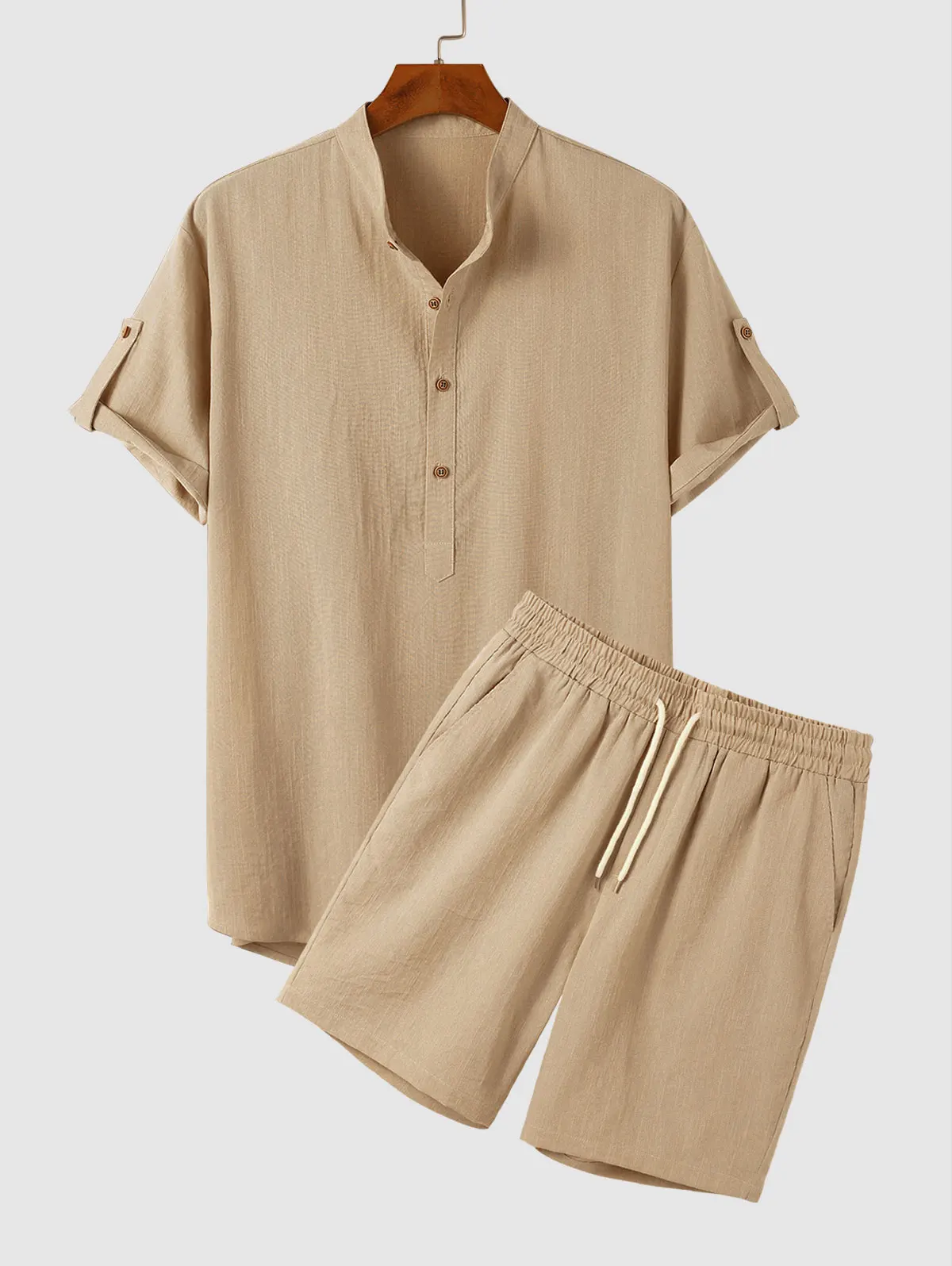 ZAFUL Half Button Roll Up Sleeves Popover Shirt With Drawstring Shorts Two Piece Set