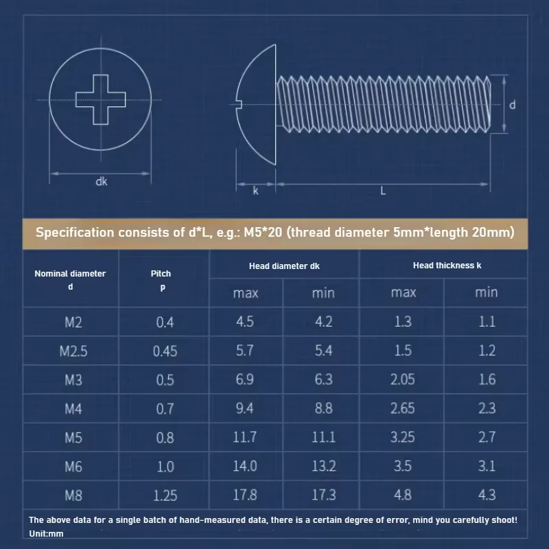 M2 M2.5 M3 M4 M5 M6 M8 304 Stainless Steel Truss Head Cross Screws Cross Mushroom Head Bolt