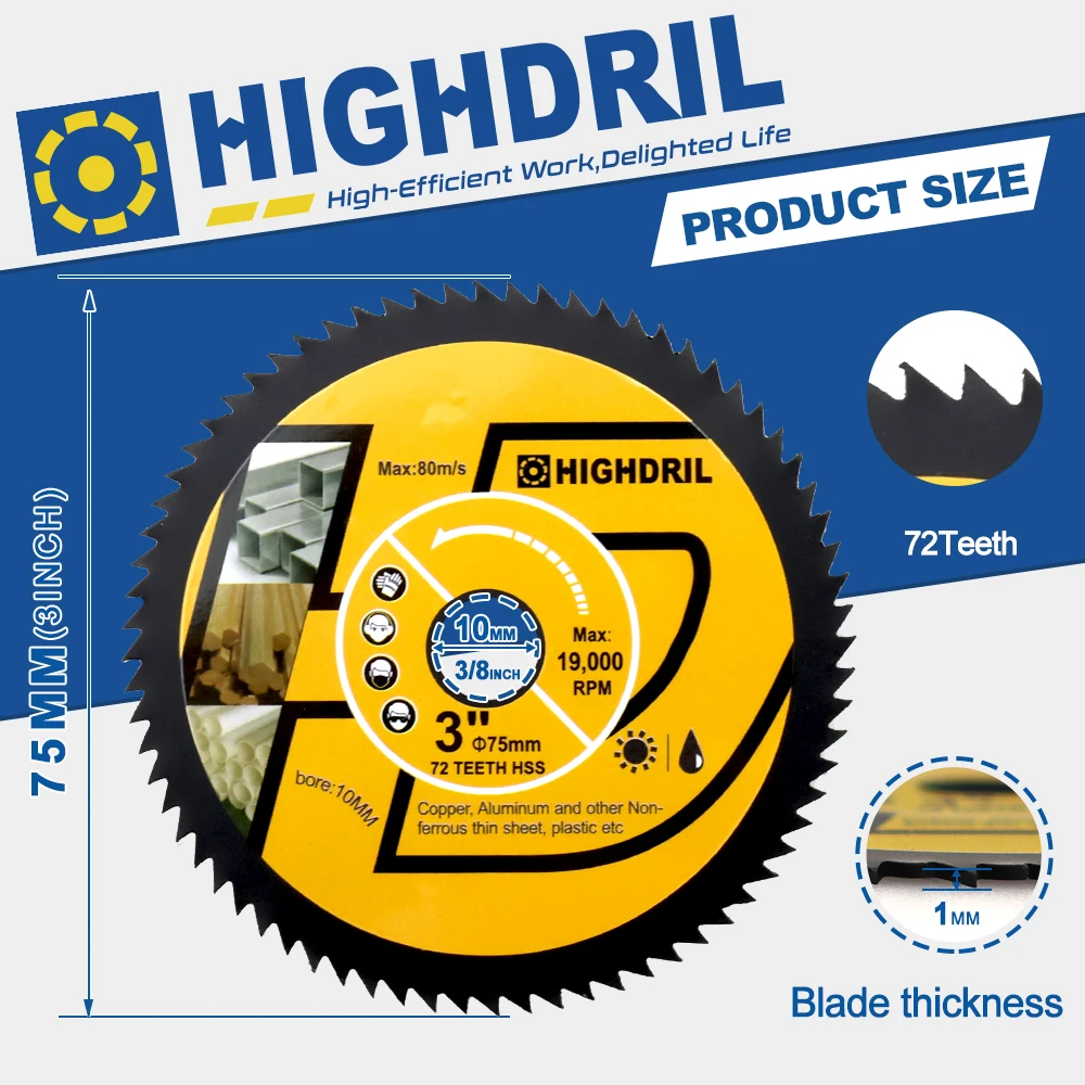 HIGHDRIL 3인치/75mm 고속 금속 톱날 절단 디스크 연질 금속 목재 알루미늄 플라스틱용 보어 10mm 앵글 그라인더