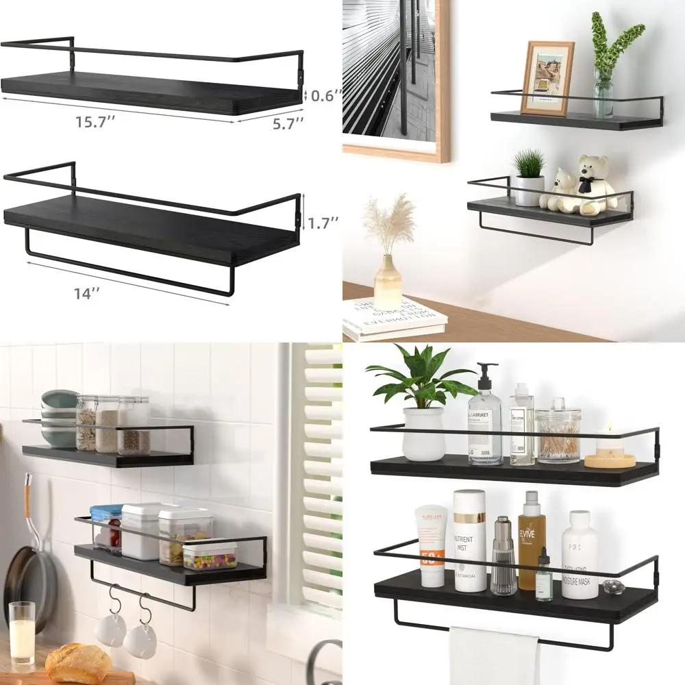 

Пара настенных полков в черном металлическом каркасе с вешалкой для полотенец, идеально подходит для хранения дома и офиса.