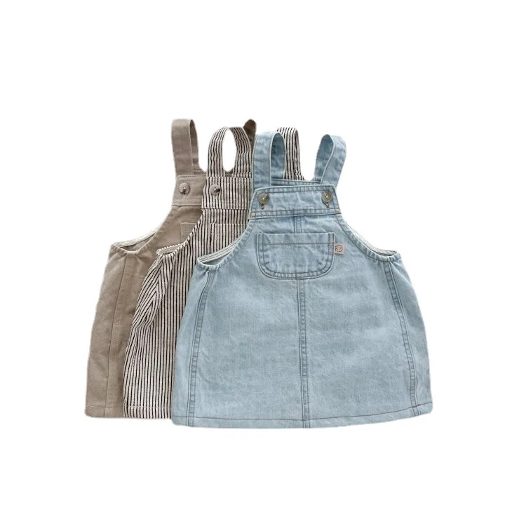 2024 Spring New Children Sleeveless Strap Dress Baby Girl Solid Casual Dress Toddler Cute Striped Denim Dress Kids Clothes