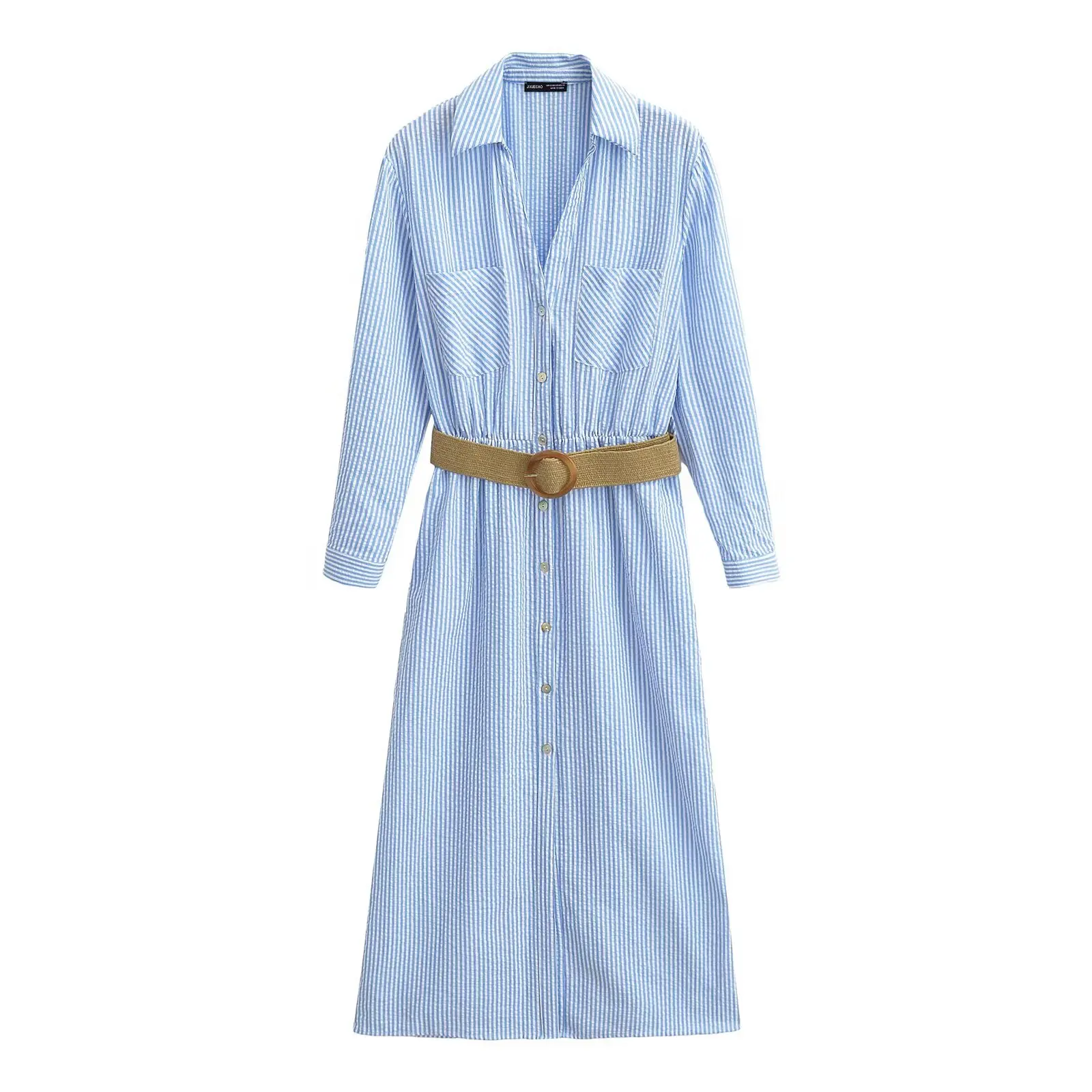 ZBZA Wiosenna Nowa Damska Modna Spódnica w Paski z Paskiem, Wysoki Stan, Długa Spódnica Midi z Włókna Poliestrowego