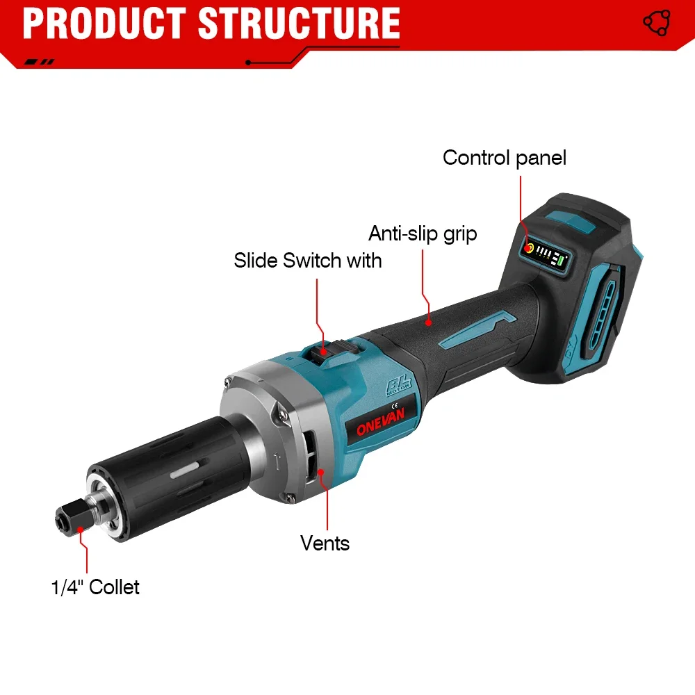 ONEVAN 35000RPM Brushless Electric Die Grinder 6mm 2000W Cordless Variable Speed Rotary Tools For Makita 18v Battery