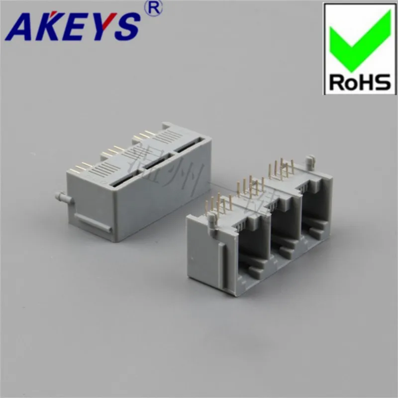 1 pc 5521-3 conjoined -6P6C-with edge-90 degrees-grey RJ45 three-connected 1x3 Socket 6-core Crystal Head mother