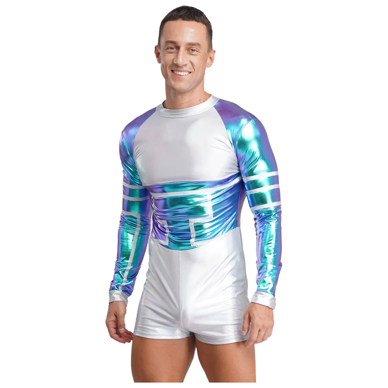 Mens Halloween Carnival Alien Astronaut Cosplay Costume Contrast Color Metallic Shiny Long Sleeve Back Zip Jumpsuit Bodysuit