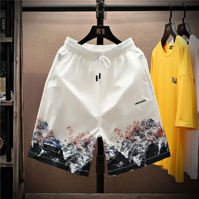 Summer 2024 Men\'s New Patchwork Elasticized High-waisted Drawstring Pocket Printed Fashion Loose All-match Casual Sports Shorts