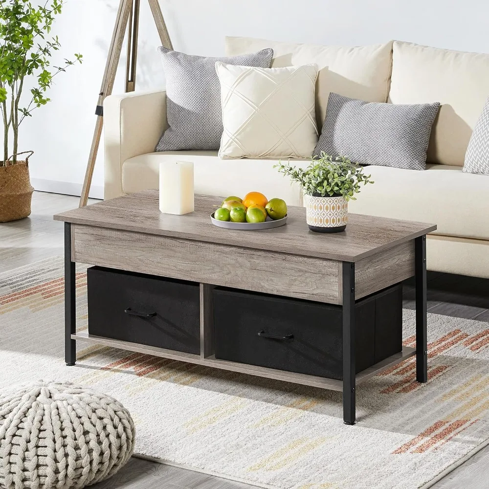 Lift-top Coffee Table with 2 Fabric Baskets & Hidden Storage Compartment, Raisable Top Coffee Table Industrial Center Table