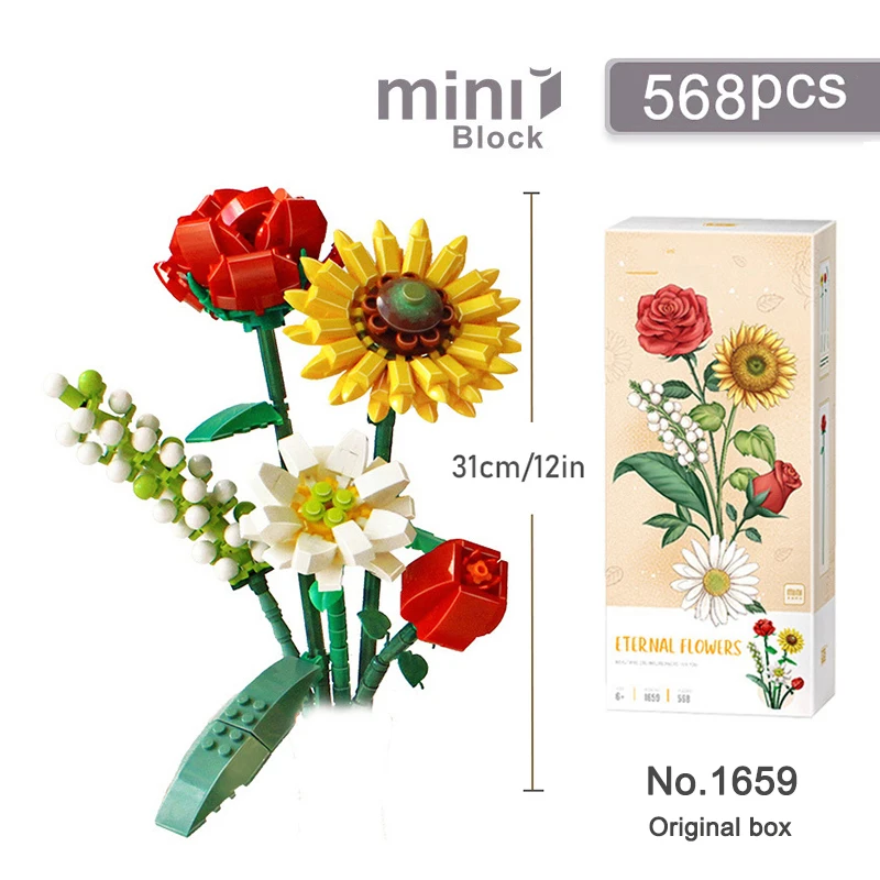 Mini Boeket Bouwstenen Romantische Rose Chrysant Ingemaakte Bloemstuk Ornamenten Diy Montage Speelgoed Vakantiegeschenken