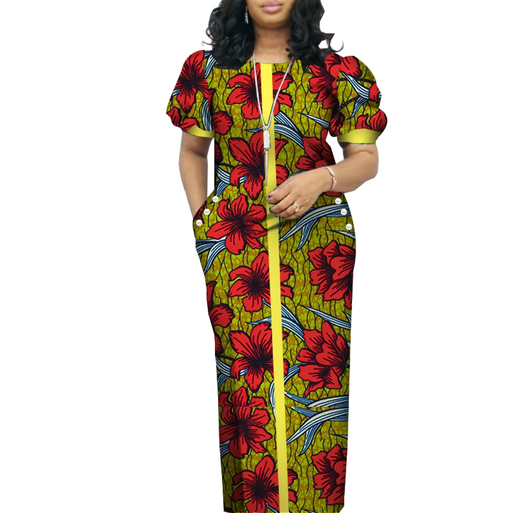 Elegant ผู้หญิงแอฟริกันชุด O-Neck พัฟแขนสั้นยาว Maxi ชุดแอฟริกันพิมพ์เสื้อผ้า Bazin Riche Plus ขนาดชุด WY4542