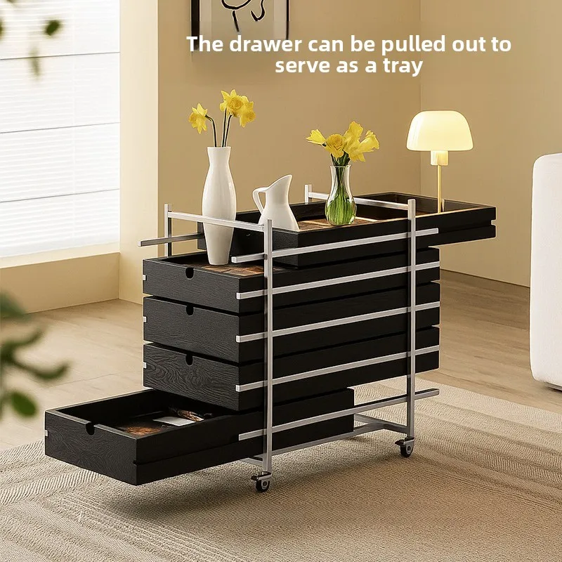 Psy medieval style edge few stainless steel black solid wood light luxury premium wheel movable home sofa trolley side cabinet
