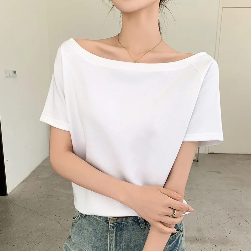 

One Shoulder T-Shirt for Women's Summer Loose Casual Off Shoulder Olid Color Short Sleeved Top Slim Fit Short Sleeve T-Shirt
