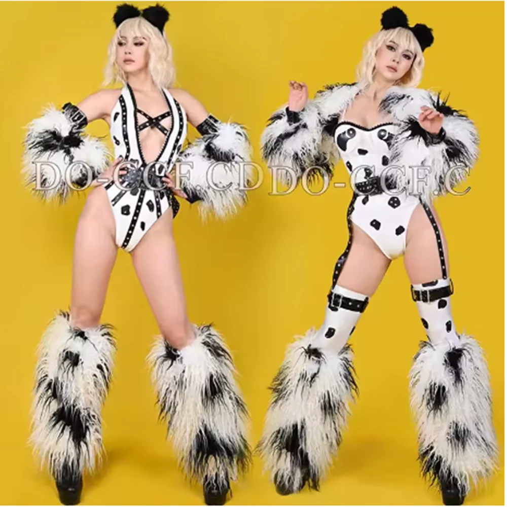 Traje de Drag Queen, Ropa de baile Gogo, mono blanco y negro, disfraz de escenario esponjoso, traje de actuación de Showgirl, ropa de fiesta Rave yk