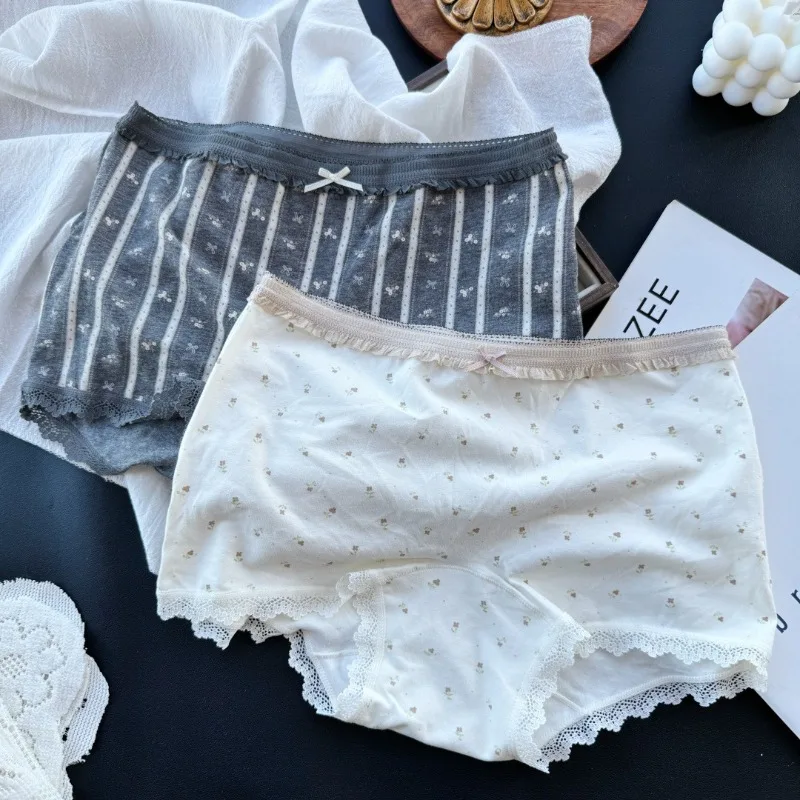 SP&CITY Flower Print Cotton Cute Women's Underwear Mid Waist Lace Edge Sweet Bow Breathable Panties Student Soft Daily Briefs