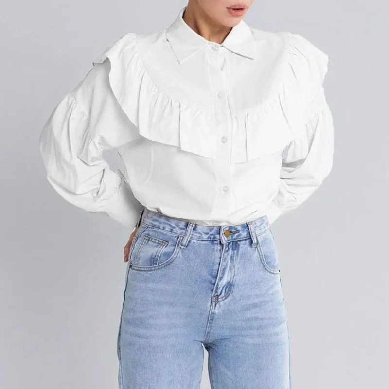 

Spring New Fashion Women's Sweet Ruffle Design Shirt Female Clothes Temperament Commuting French Elegant White Blouses for Women