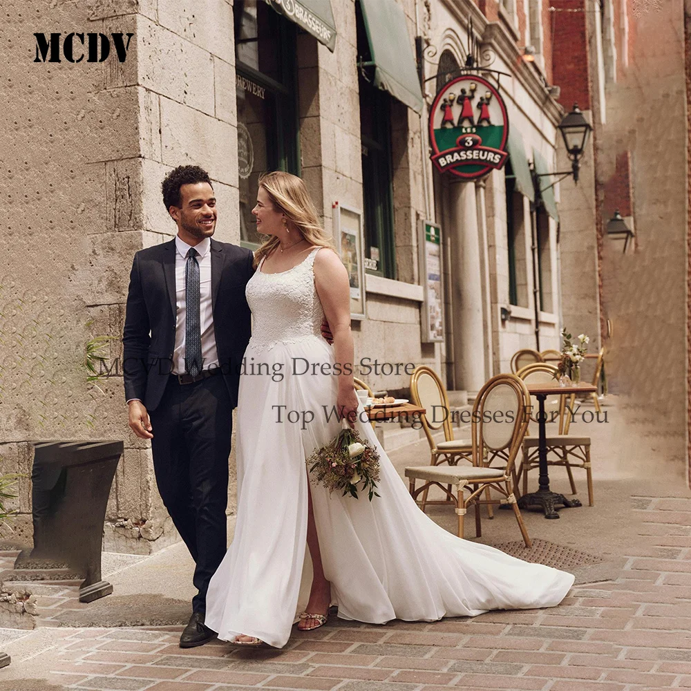 

MCDV Chiffon Oversize Weddings Dresses Bridal Applique Spaghetti Straps Backless Split Bride Gowns Customized Engagement Dress