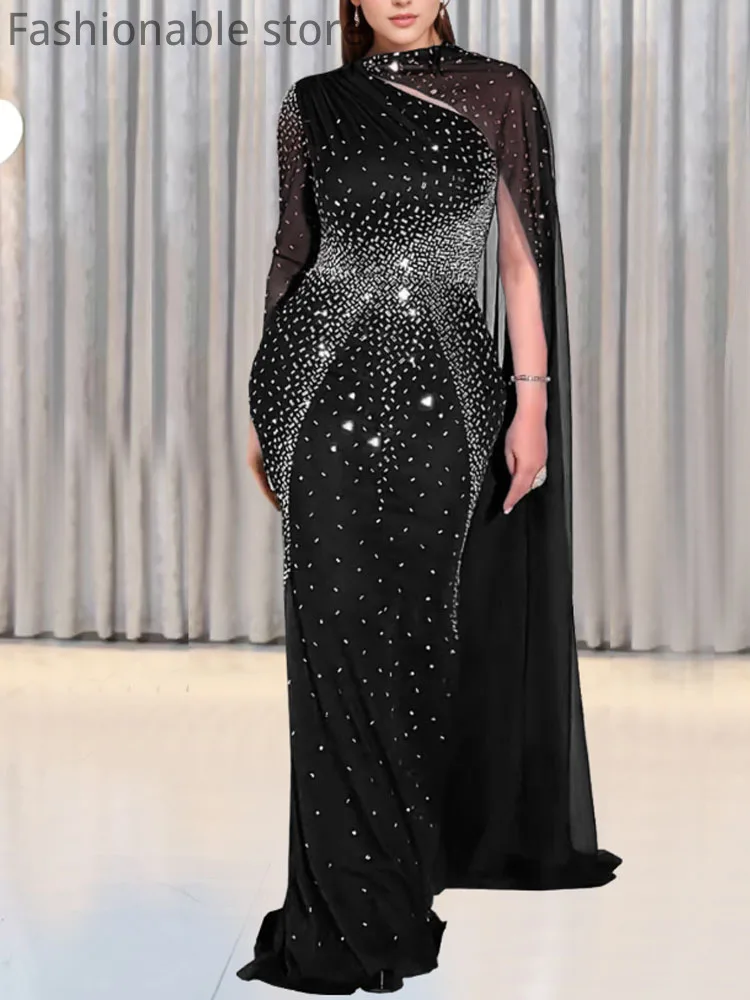 Women's Sexy Solid Color Sheer Mesh Long Sleeve Rhinestone Decor Mermaid Floor-length Party Dress