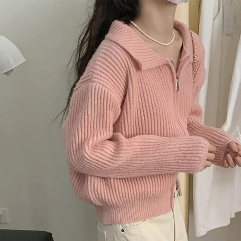 Autumn Fashion New Solid Color Zipper Knitting Shirt Women Classic Long Sleeve Coat Square Collar Loose Korean Lady Sweater 2022