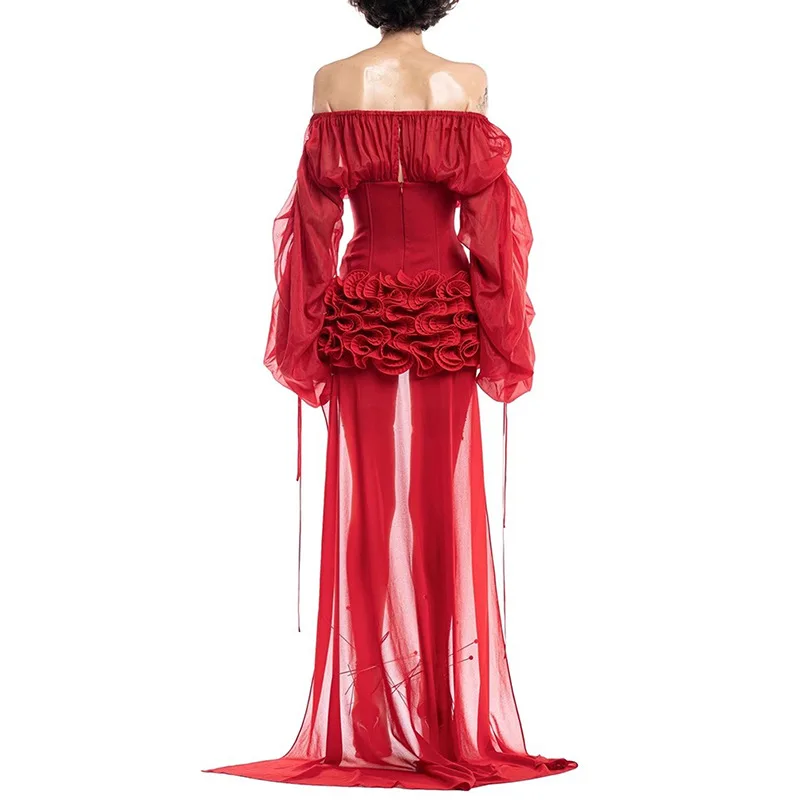 여성 레드 슬림 드레스 섹시한 오프 숄더 긴 소매 셔링 프릴 미니 드레스 트레일링 이브닝 파티 칵테일 가운