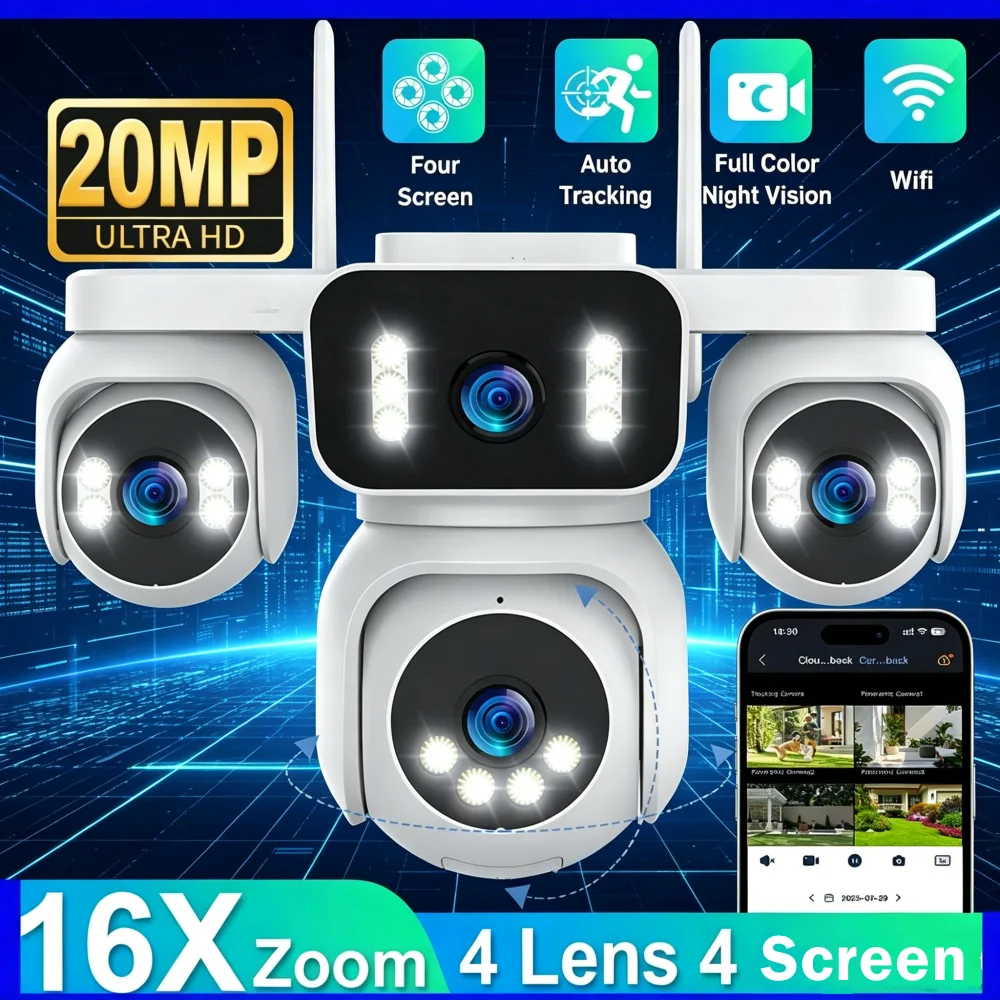Tahlitech 4-Screens Wifi Security Cameras Outdoor Four Lens PTZ 16X Digital Zoom Human Auto Tracking Cctv Surveillance Cam IP