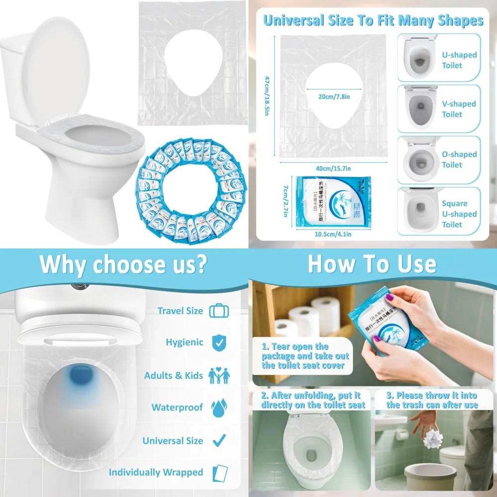 

60 Pack Disposable Toilet Seat Covers Waterproof Non Slip Individually Wrapped for Travel Hotel Home Use Hygiene Protection