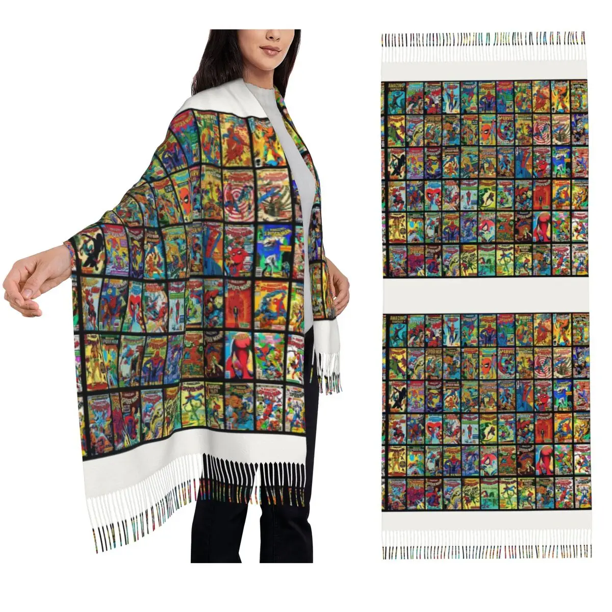 

Винтажный супергерой, коллекция комиксов, шарф с узором, шарфы с кисточками, женские шали и накидки, длинная осенне-зимняя шаль