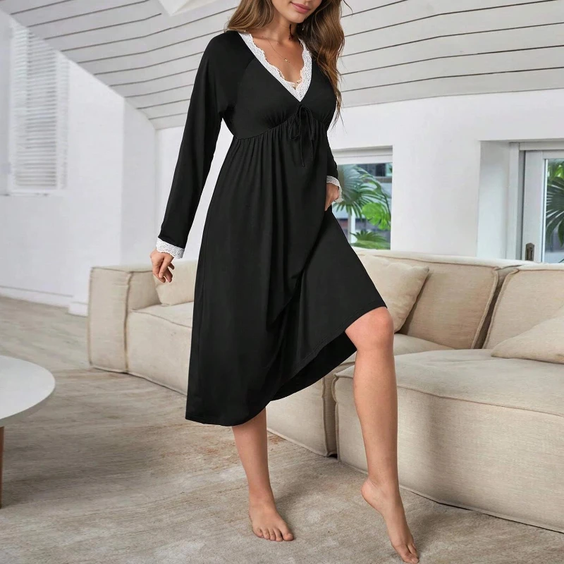 Krismile Cotton Nightdress Women 2025 Autumn Winter Sexy Lace V Nevk Long Sleeve Basic Women Pajamas A-line Sleepwear Nightgowns