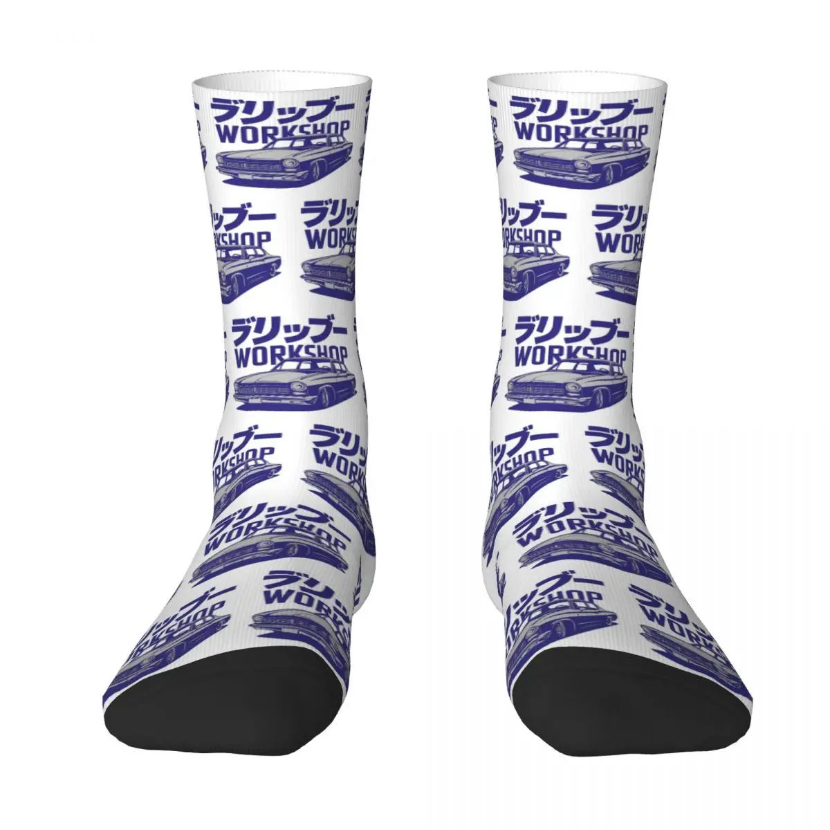 Retro Japanese Kanji Car Workshop Design Socks Harajuku Sweat Absorbing Stockings All Season Long Socks for Man's Woman's Gifts