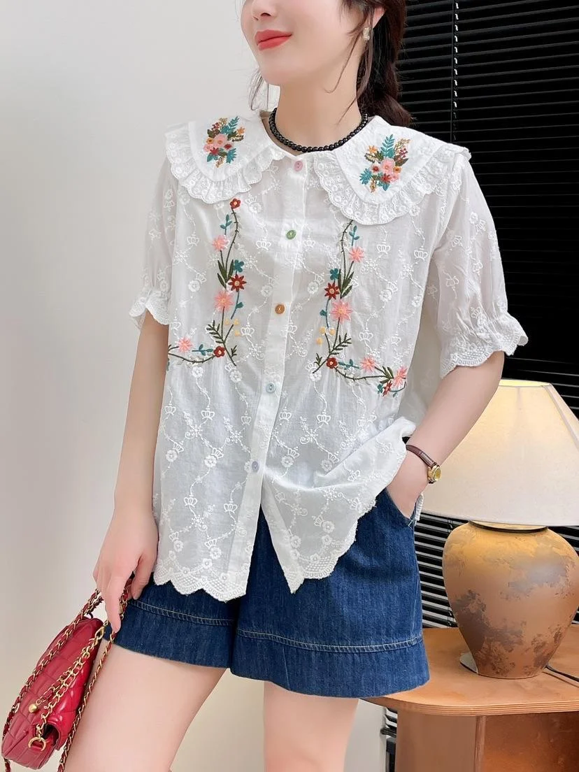 Mori kei shirts sweet lace patchwork peter pan collar long sleeve blouses for women Japanese style sweet embroider shirts