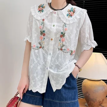여성용 모리 케이 셔츠, 달콤한 레이스 패치워크, 피터팬 칼라, 긴 소매 블라우스, 일본 스타일, 달콤한 자수 셔츠