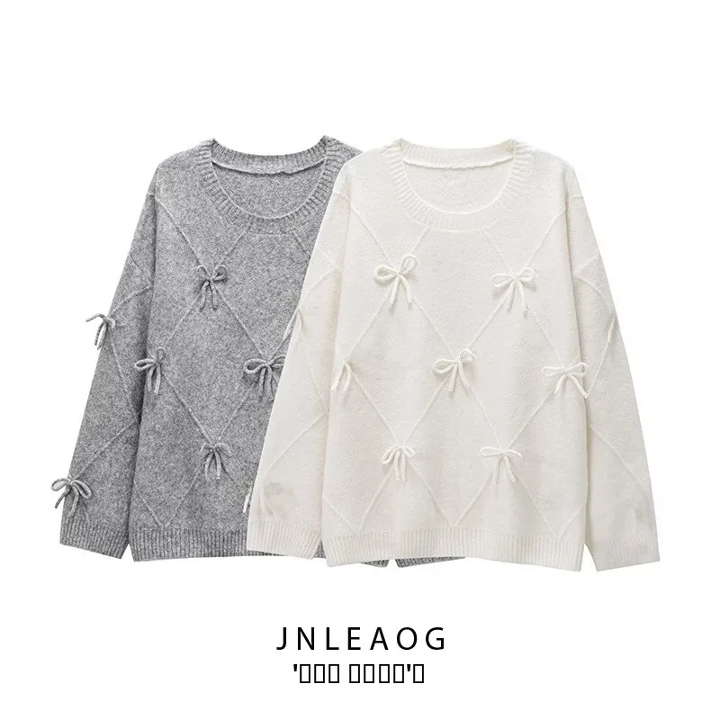 

Faionable Knot Sweater Women's Autumn New Sle Sweet Wind Sensation Long Sve round Ne Pullover Polyester Fiber
