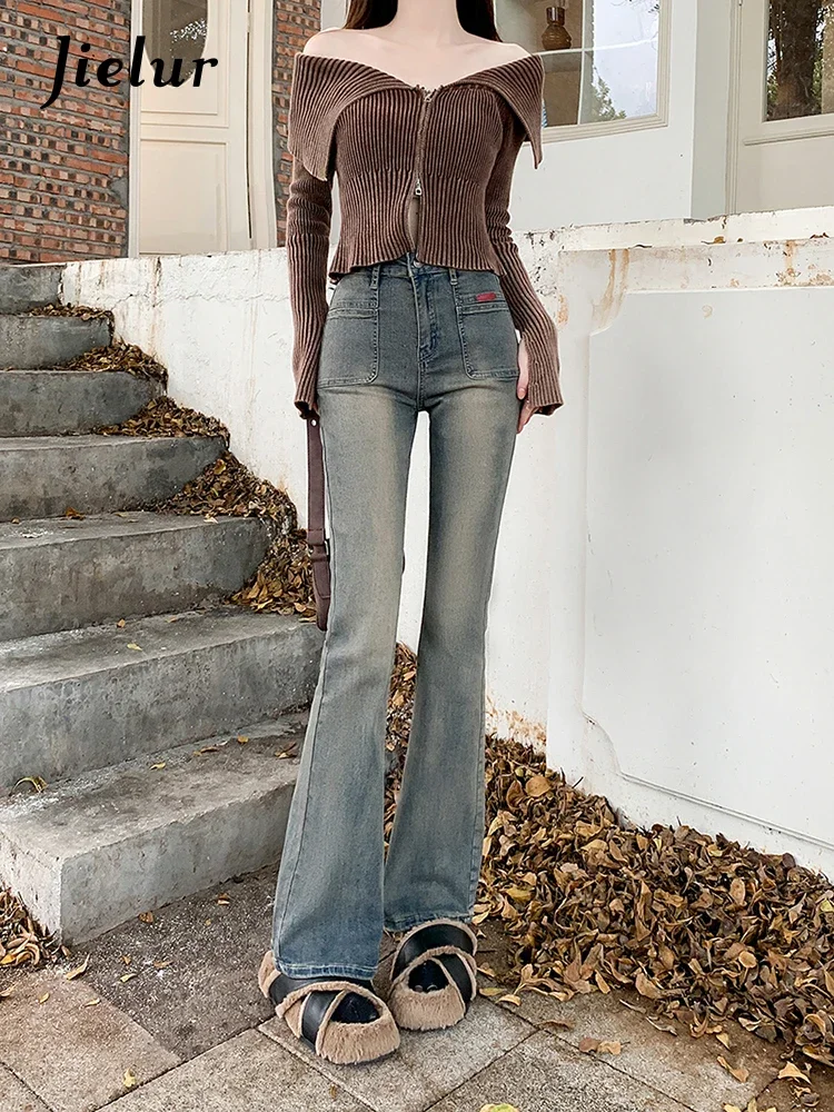 Jielur Autumn New High Waist Slim Women Jeans Do Old Simple Basic Flare Jeans Woman Vintage Blue Fashion Street Pants Female