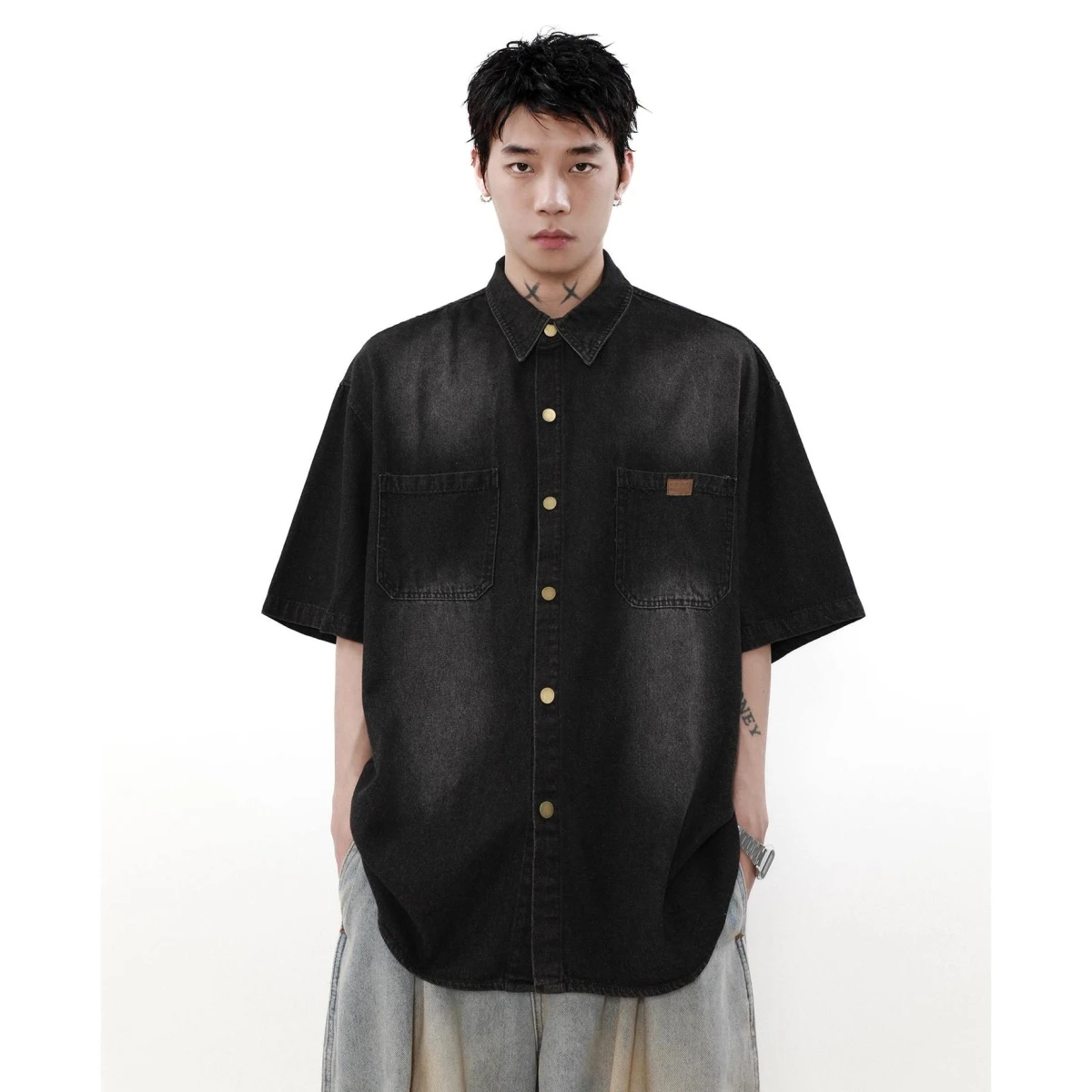 

American Style Summer Washed Salt Series Denim Shirt Casual Lightweight Short Sleeve Men's Versatile Workwear Couple's Shirt