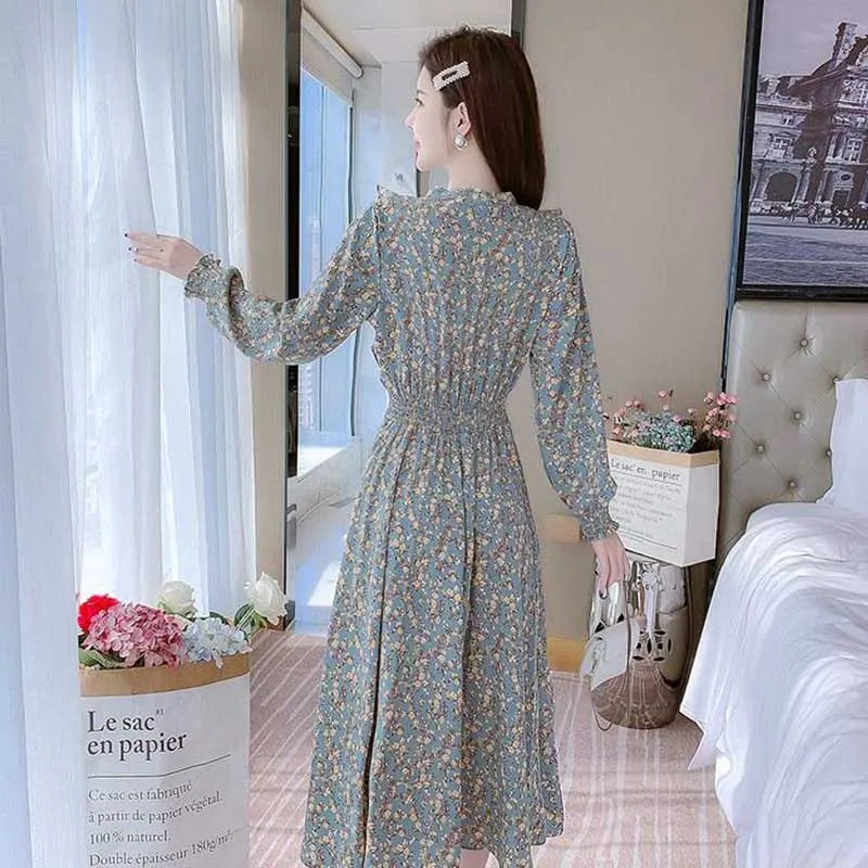 Fashion Printed Shirring Ruffles Lace Up Bow Midi Dress Women\'s Clothing 2024 Spring Summer Loose Butterfly Sleeve Floral Dress