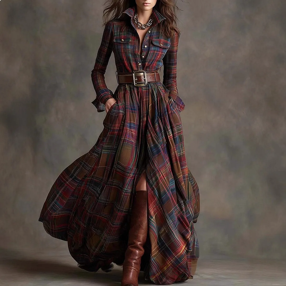 Plus Size French Vintage Plaid Dress Slimming Irregular Hem Dresses for Women Spring Summer