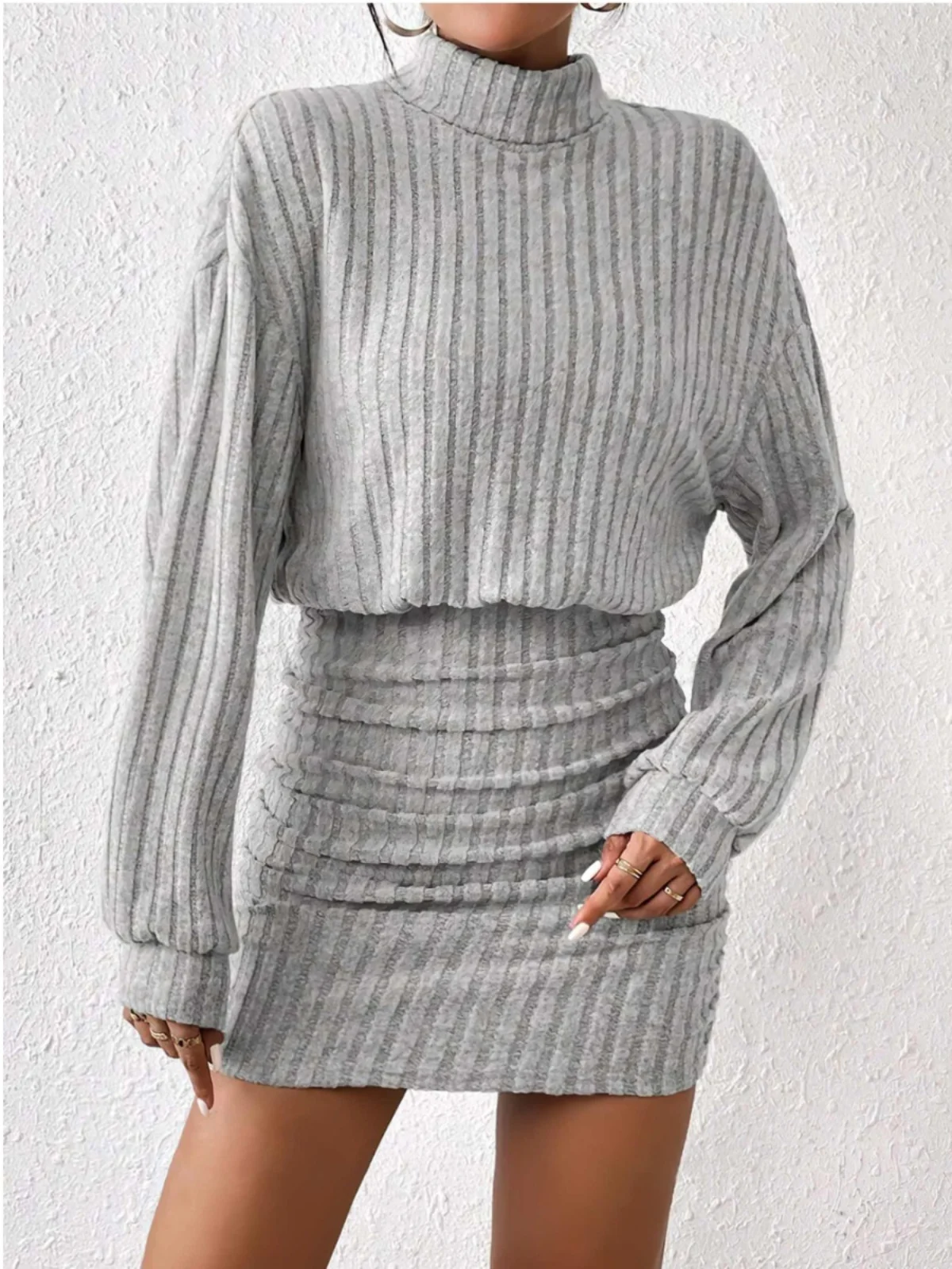 Autumn Winter High Neck Casual Long Sleeve Wrap Body Dress Grey Knitted One Step Skirt Soft Polyester Fiber H-Line Pure Color