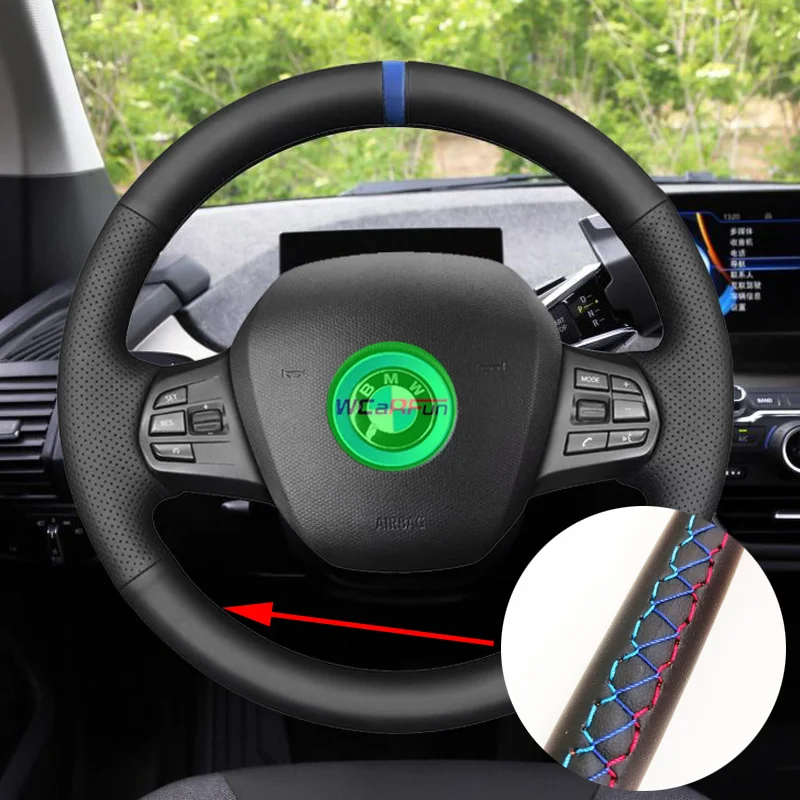 Hand-stitched Black Artificial Leather Car Steering Wheel Cover for BMW i3 2014 2015 2016 2017 2018 2019 2020 2021 2022