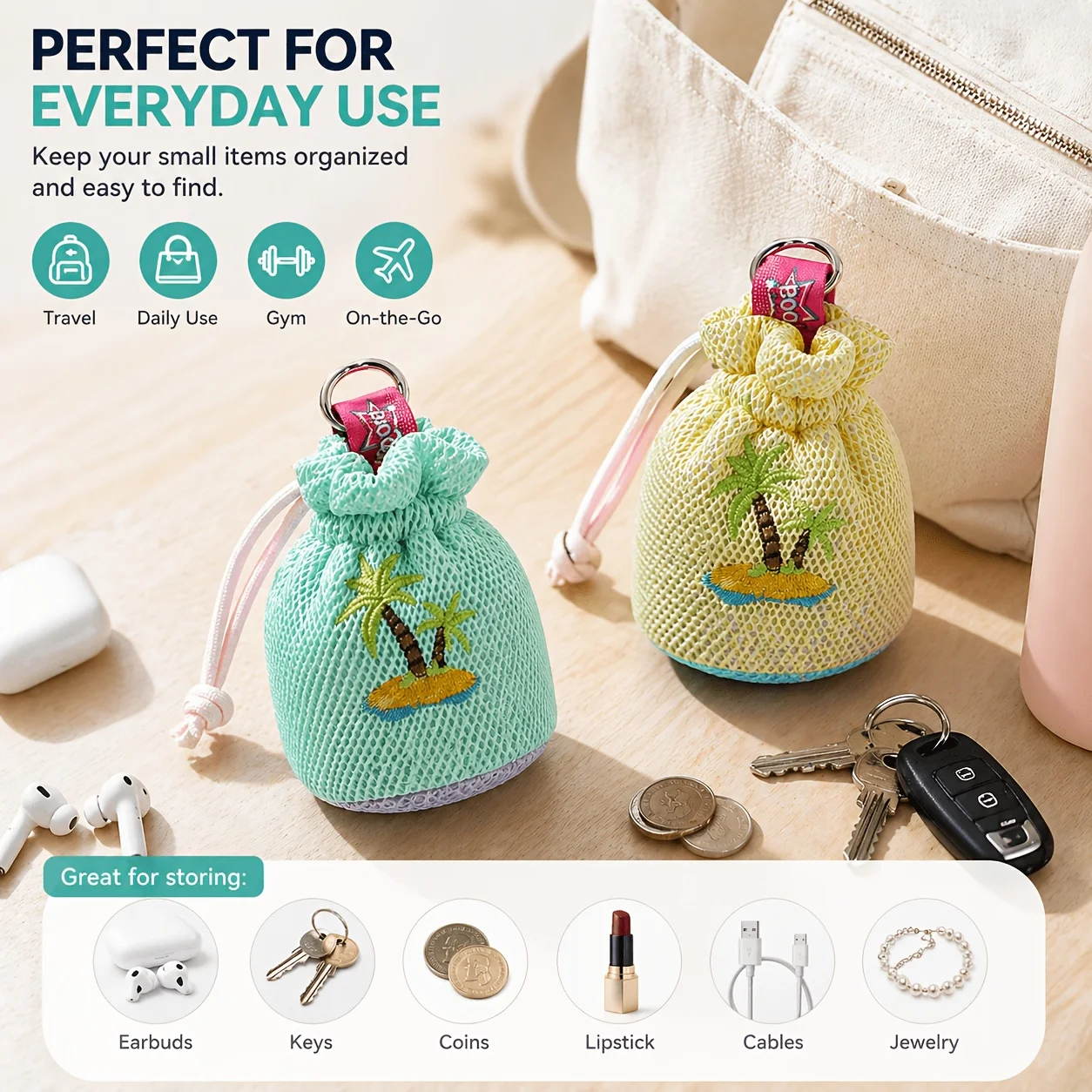 New Ins Style Coconut Tree Bucket Bag Pendant, Available in 3 Colors, Backpack Decoration with Lanyard, Keychain Accessory, Girls' Coin Purse, Lipstick Bag, Jewelry Storage Pouch, Outdoor Portable Small Bag, Bluetooth Earphone Protective Case Pendant view 3