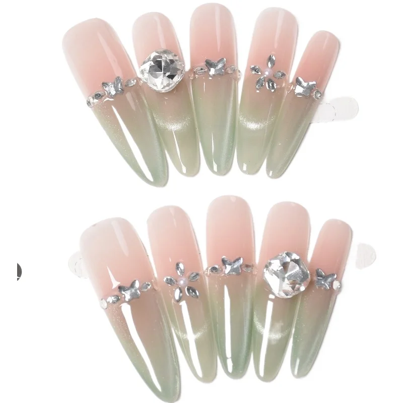 

Purely handmade nail pads, fresh green long cat eye nail patches in summer