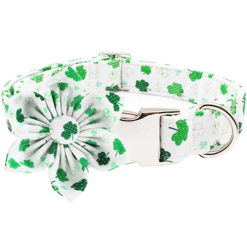 Unique Style Paws Personalized St.Patrick's Day Dog Collar with Bow Tie Flower Green Pet Dog Collar for Large Medium Small Dog