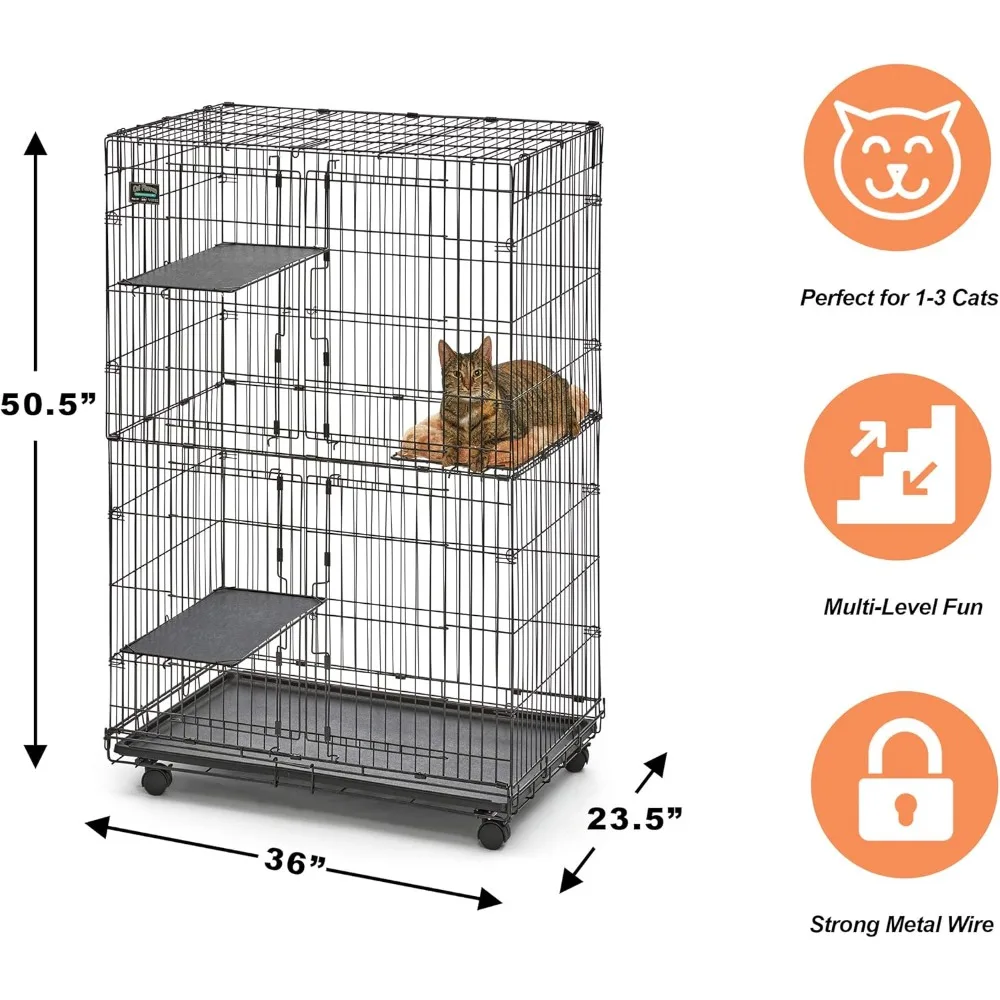 Cat Playpen / Cat Cage Includes 3 Adjustable Resting Platforms, Removable Leak-Proof Pan, Easy 2-Door Top / Bottom Access