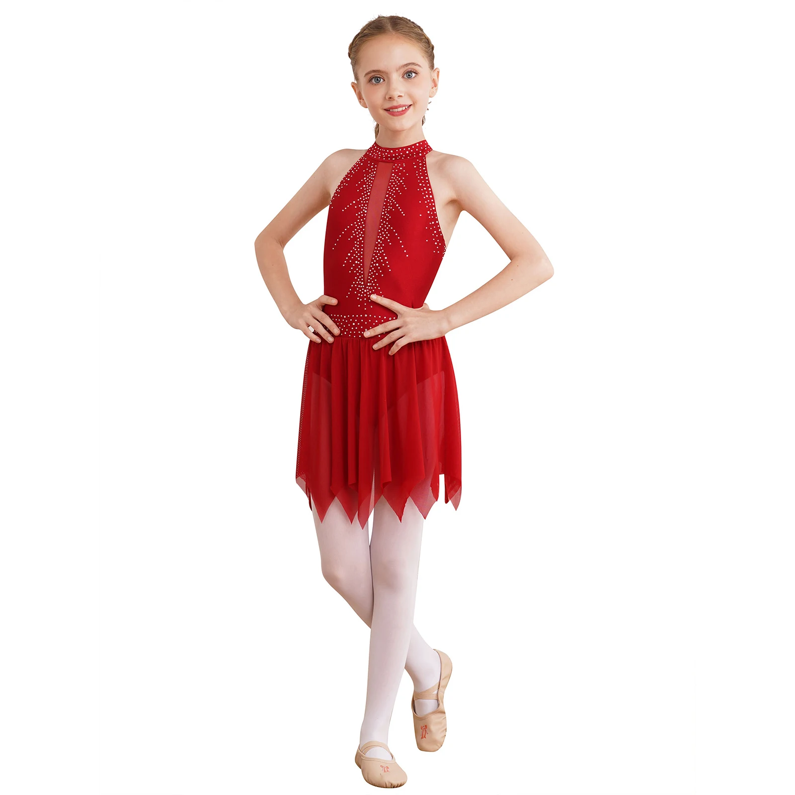 

Kids Girls Rhythmic Gymnastics Artistic Skating Costume Shiny Rhinestone Lyrical Costume Ballet Jersey Leotards Dress Dancewear