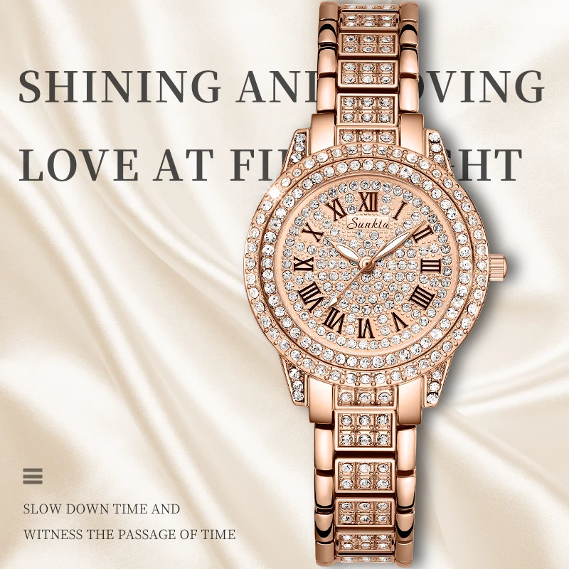 SUNKTA ساعات نسائية Relojes Para Mujer ساعة ذهبية كلاسيكية فاخرة للنساء بحزام معدني مستدير من حجر الراين ساعات يد كوارتز #2