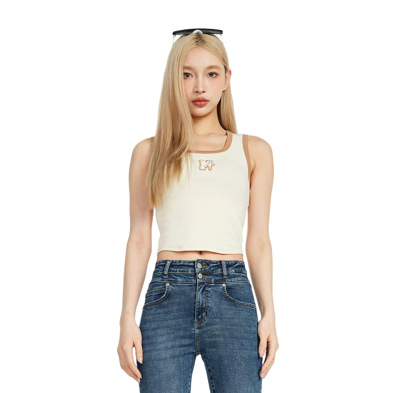 

Metersbonwe-Women's Square Collar Knit Sleeveless T Shirt New Fashion Trend Sports Slim Vests Color Contrast Summer Spring Tops